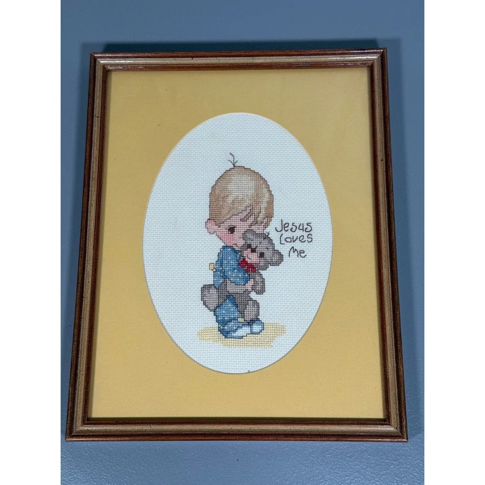 Vintage Precious Moments Jesus Loves Me Cross Stitch Framed Nursery Wall Art